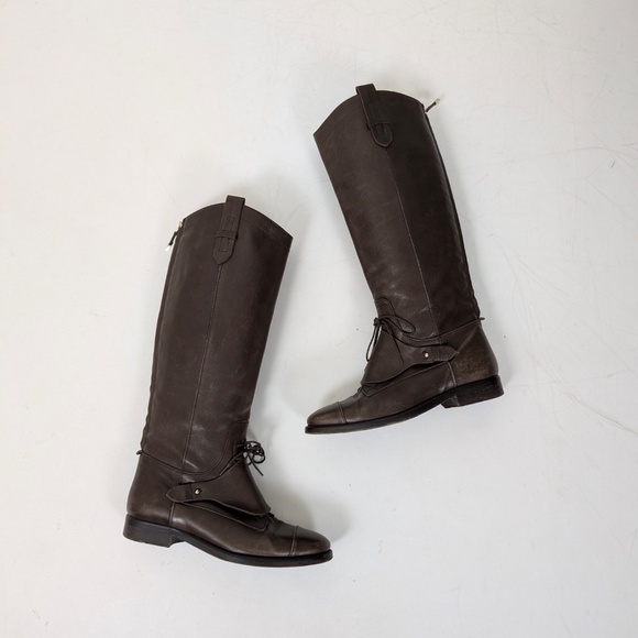 Massimo Dutti Brown Leather Riding Boots Lace Up Knee High Round Toe - Picture 3 of 16